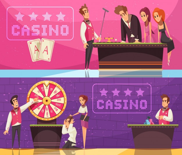 Casino banners collection with gambling game images emotional human characters of stickman banker and flat logotypes Free Vector